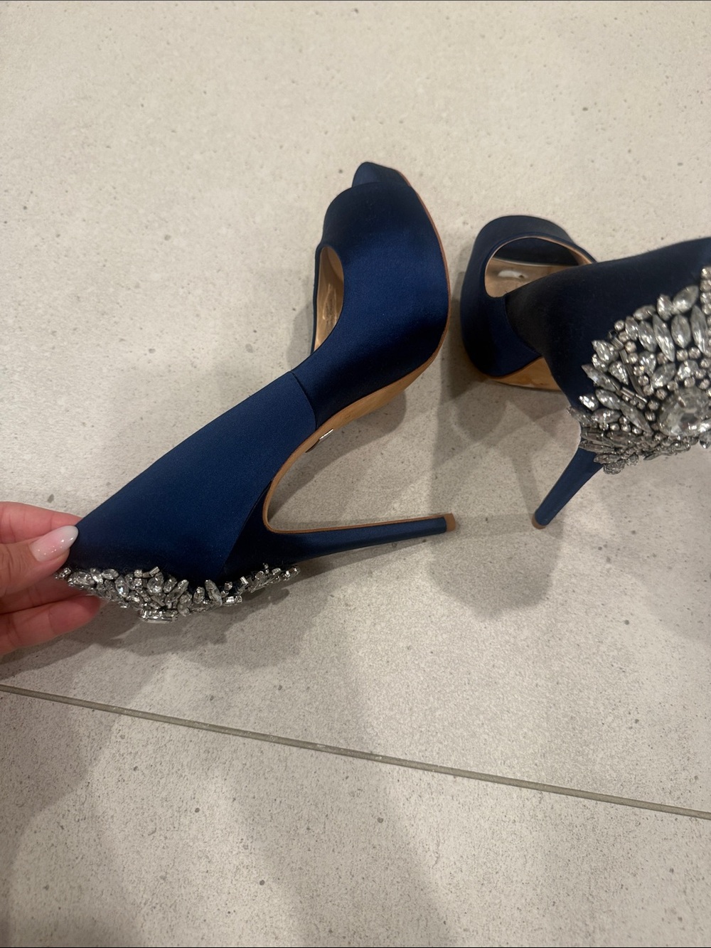 Badgley Mischka Royal Blue Satin Peep-Toe Heels with Crystal Back Detail - Picture 3 of 3